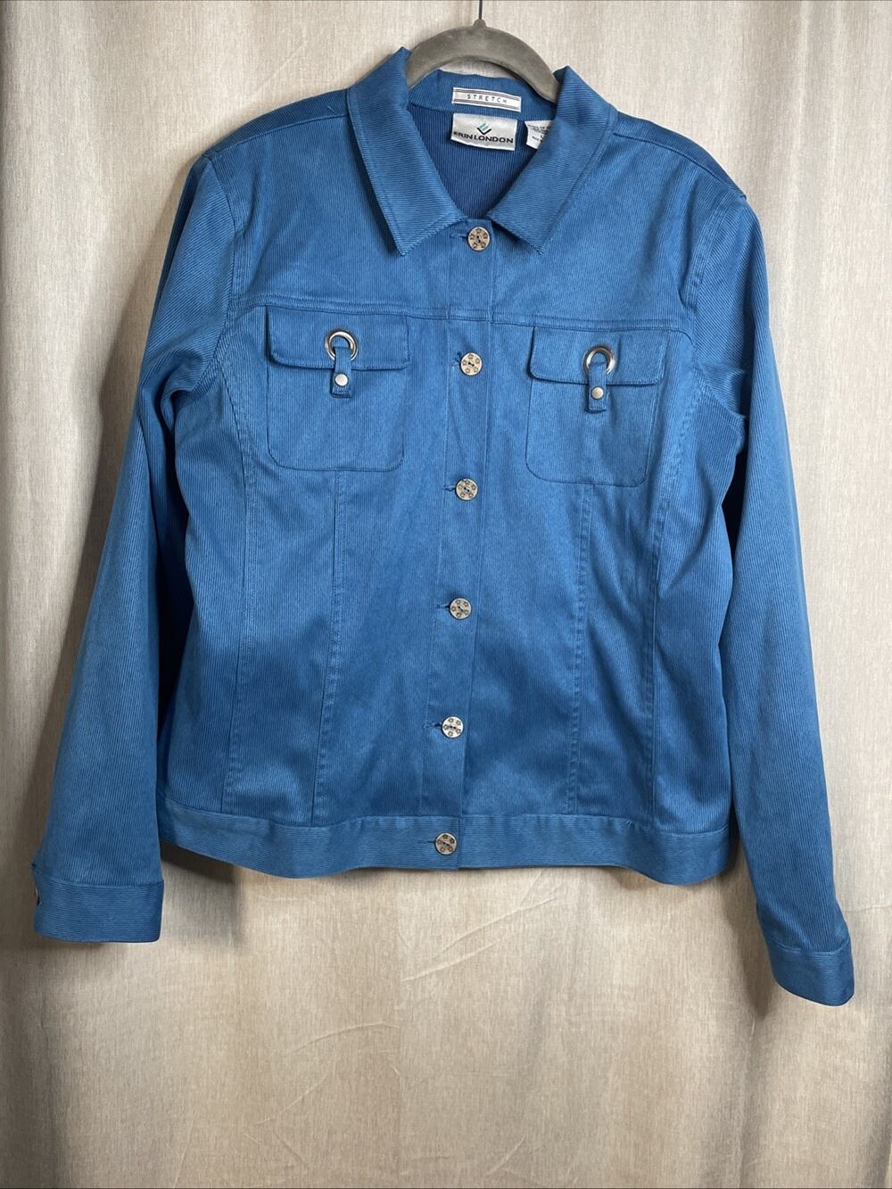 Erin London Jacket Women’s Size Large -Blue Ribbed Velvet-Like Stretch Versatile